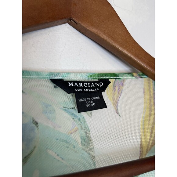 Marciano Women's Small Teal Green Tropical Sheer Ruched Long Sleeve Top Blouse - Picture 4 of 6